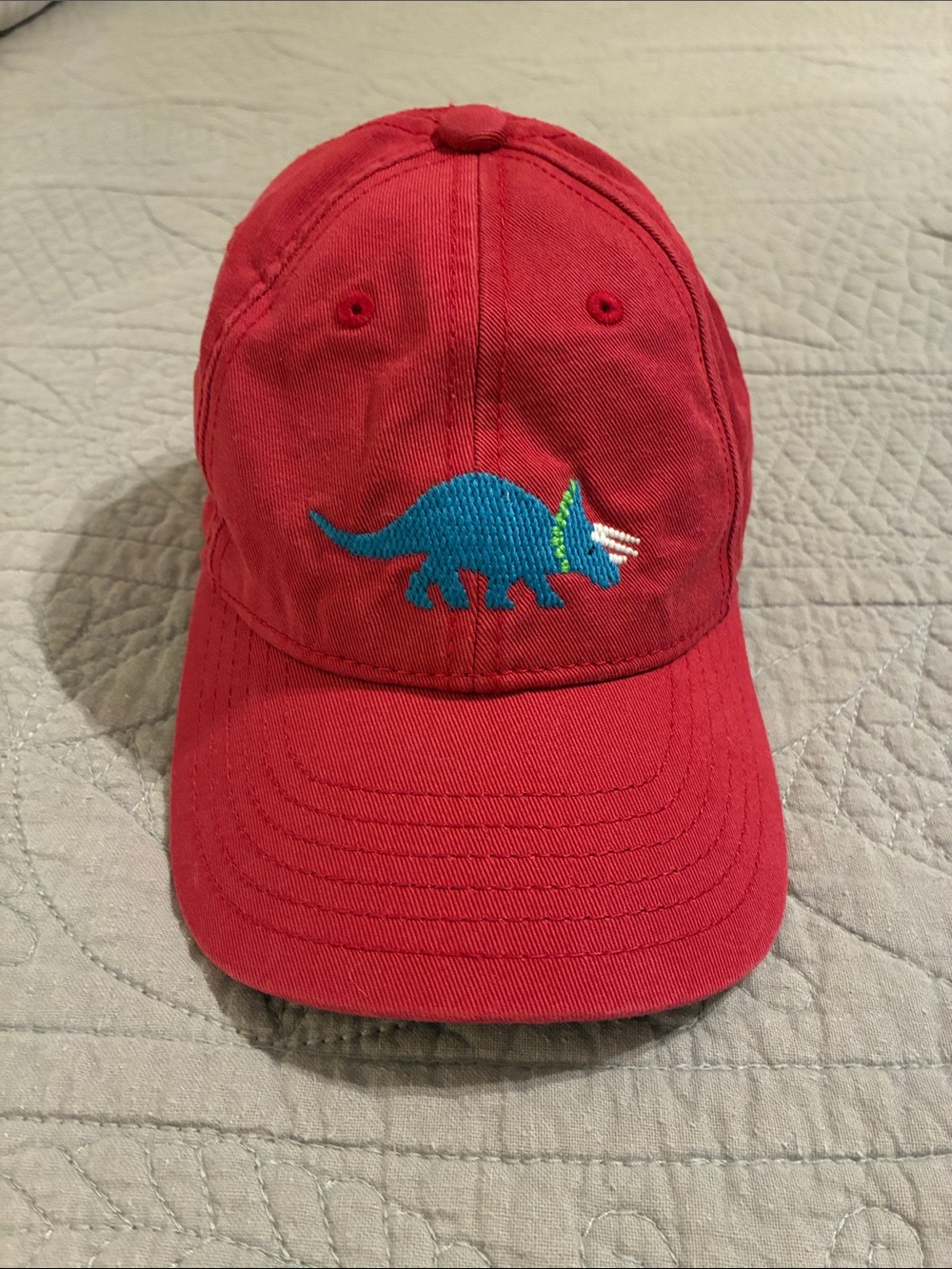 Harding Lane Red Baseball Cap with Needlepoint Dinosaur